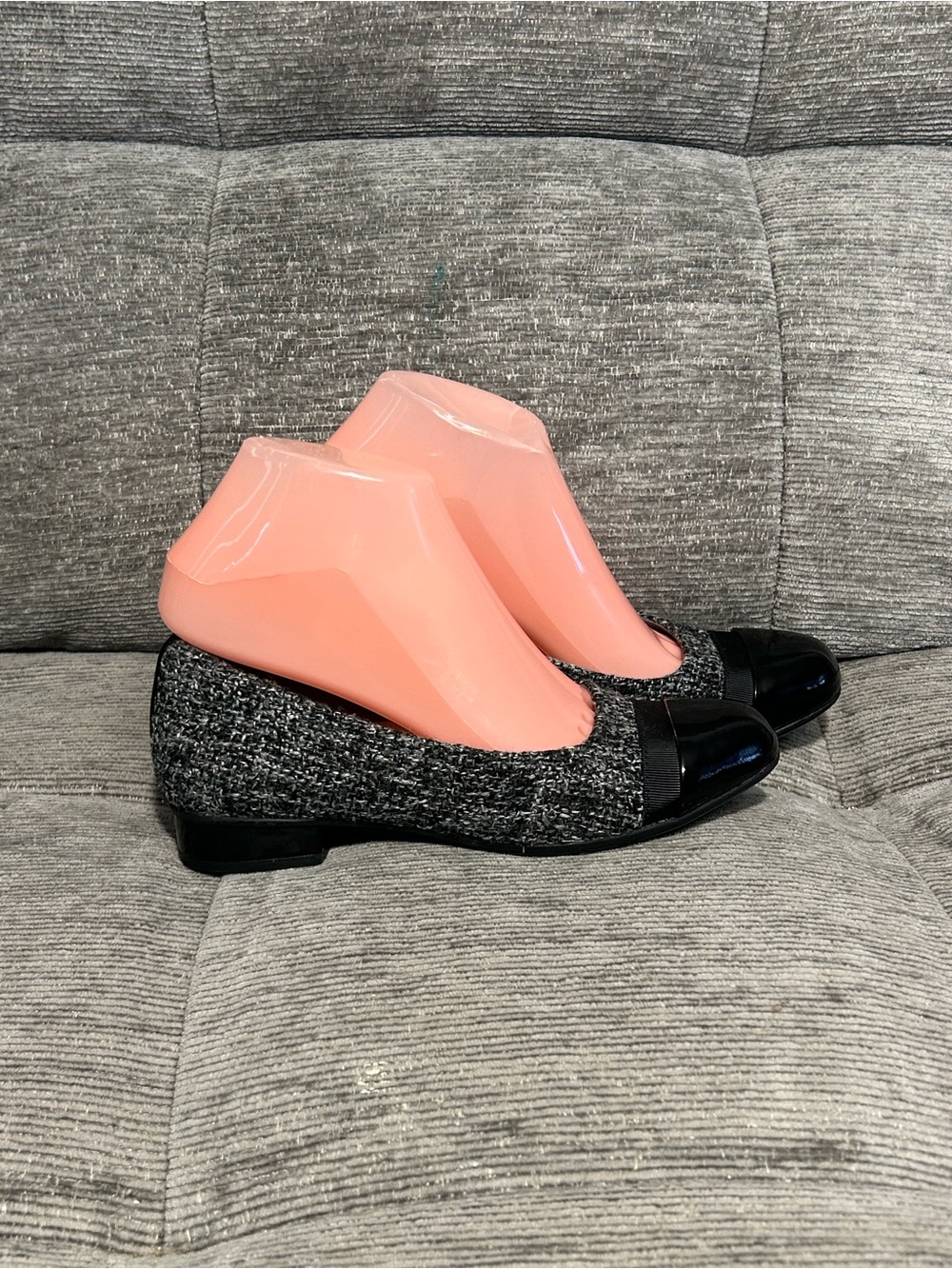 Clarks Black Tweed and Patent Cap-Toe Ballet Flats